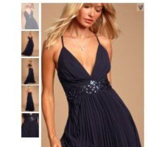 Lulu's Navy Sequin Lace Pleated Maxi Dress NWT